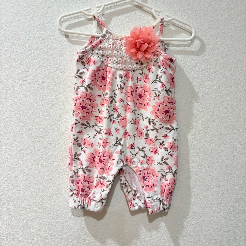 Little Lass Baby Floral Romper Pink White Lace Flower 0-3M
